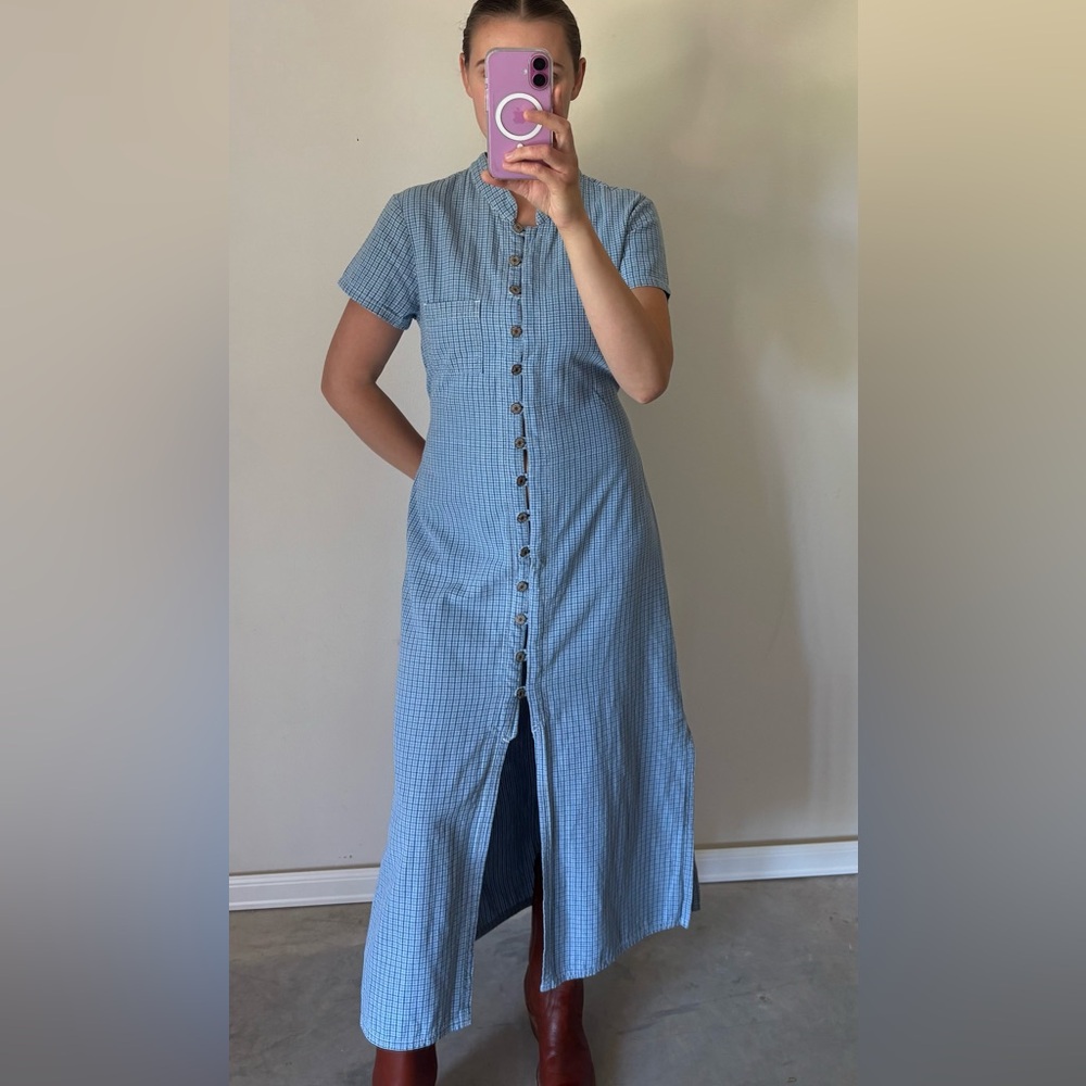 Vintage Button Down Slit Maxi Dress Blue Gingham Plaid Women’s Size 10 / Medium - Picture 8 of 10